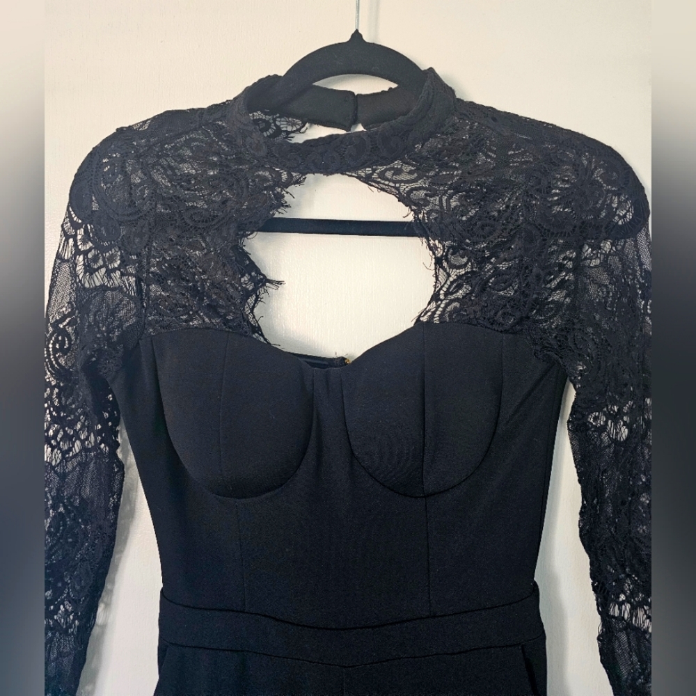 Material Girl Black Jumpsuit, Size Small, Skinny, Lace Sleeves.